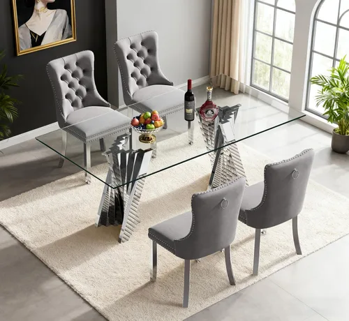 Vista 43 de Juego de mesa de comedor de cristal dorado de 5 piezas, 70 pulgadas, rectangular, moderna, para cocina y comedor, juego para 4, mesa de comedor