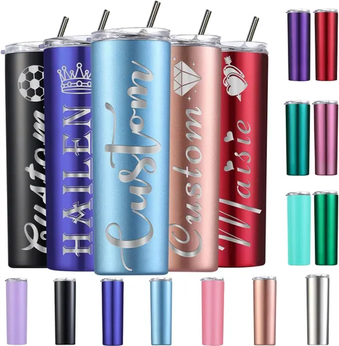 Vista 9 de Vasos delgados personalizados con tapas y popotes, vaso grabado con láser personalizado con nombre para mujer, regalo de 20 onzas, taza de acero