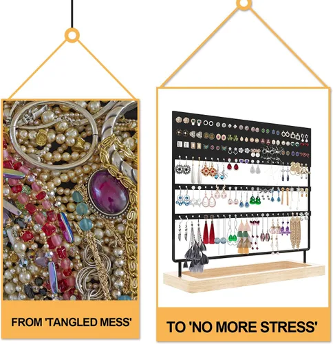 Vista 5 de ZHAOGMQH Soporte organizador de aretes, organizador de joyas para vender, soporte para pendientes de 3 niveles, 144 agujeros con bandeja de madera