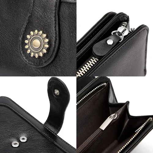 Vista 6 de BROMEN Billeteras de cuero para mujer cartera grande de mano para teléfono 2-negro Vintage