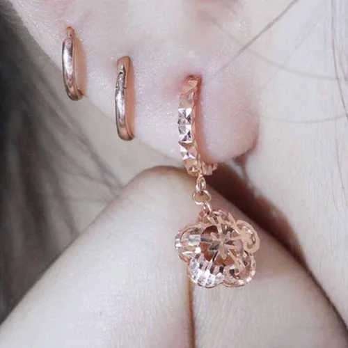 Vista 5 de SAGEKING 2024 New 585 Purple Gold Plated 14K Rose Gold Openwork Double Sided Flower Snowflake Earrings For Women Fashion Ear Buckle Charm Jewelry