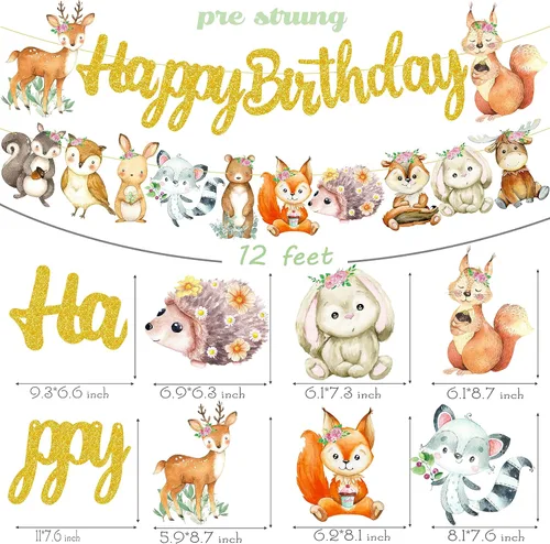 Vista 3 de Cartel de feliz cumpleaños de animales del bosque, decoraciones de criaturas del bosque, 2 piezas de pancartas recortadas de animales del bosque
