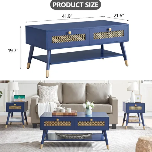 Vista 2 de JYED Mesa de café moderna de madera de mediados de siglo con cajones de almacenamiento decorados con malla metálica, mesa central de acento azul