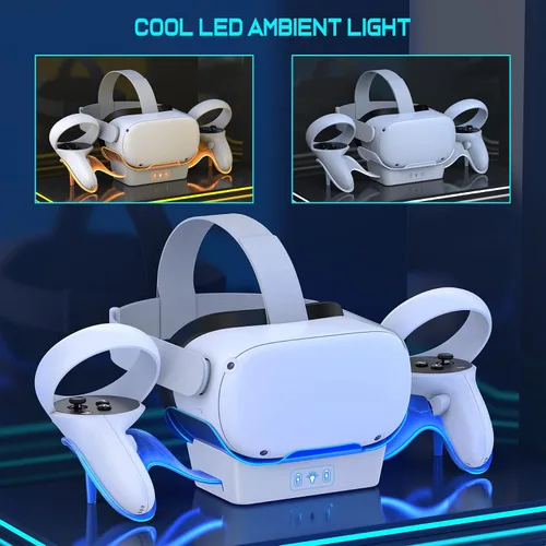 Vista 2 de Base de carga VR para Oculus Quest 2, pantalla de auriculares mejorada con luz LED, soporte de carga rápida, accesorios de montaje para controlador