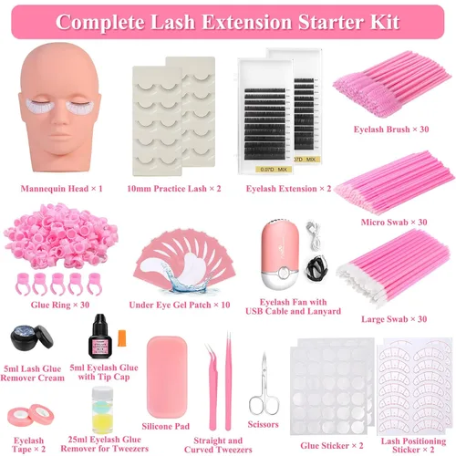 Vista 3 de Kit de pestañas para principiantes, kit de extensión de pestañas con cabeza de maniquí para pestañas, pegamento para pestañas individuales
