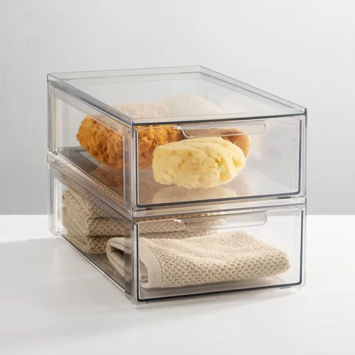 Vista 3 de mDesign Lumiere Collection - Organizador apilable de plástico con cajón extraíble para gabinete, tocador, estante, armario, armario u organización