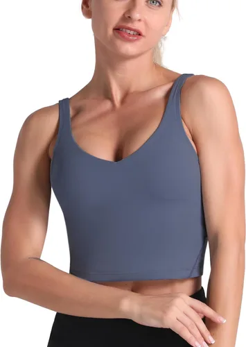 Vista 2 de Dragon Fit - Sujetador deportivo para mujer, corte largo, con relleno, estilo camiseta corta sin mangas para yoga, deportes, entrenar o correr