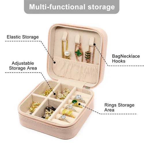 Vista 4 de Joyero pequeño estuche de joyería portátil de viaje para anillo dije aretes collar organizador de pulseras cajas de almacenamiento 1 unidad rosa