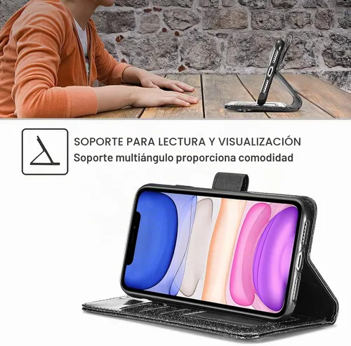 Vista 3 de UEEBAI Funda tipo cartera para iPhone 11, funda de piel sintética con purpurina para teléfono, ranuras para tarjetas, funda con función atril Negro