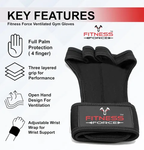 Vista 4 de FITNESS FORCE Ventilated Weightlifting Gloves Workout Gloves for Men & Women with Built-in Wrist Wraps Fingerless Gym Gloves for Men Perfect for