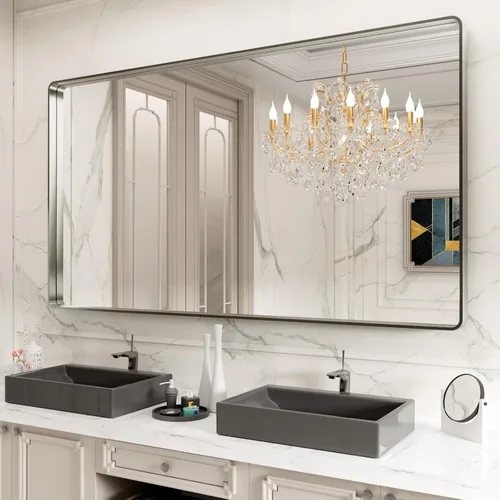Vista 93 de LOAAO 20x16 Pulgadas Espejo de Baño con Marco de Metal Negro para Pared, Espejo de Tocador de Baño de Estilo Granja, Espejo Grande Rectangular