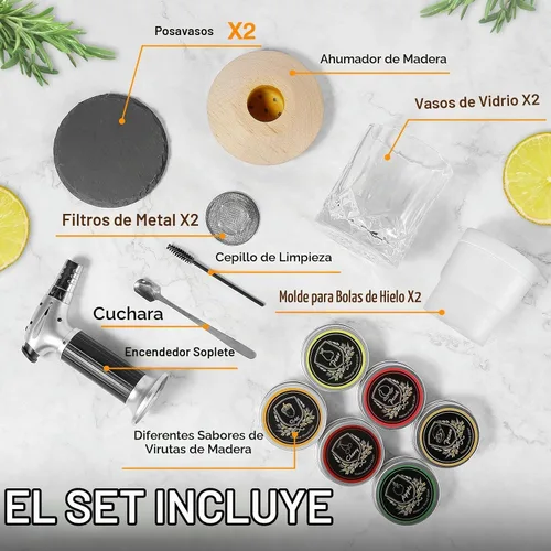 Vista 2 de Kit de ahumador de whisky con antorcha, chips de madera de 6 sabores, 2 vasos de whisky, 2 moldes de bolas de hielo, kit de ahumador de bebida