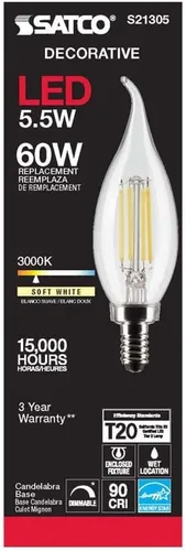 Vista 5 de Satco S21305 5.5CA10/LED/930/CL/120V/E12 (6 bombillas LED)