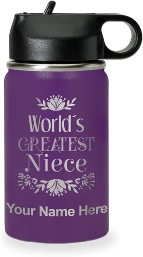 Vista 59 de LaserGram Botella de agua con tapa abatible de doble pared de 12 onzas con pajilla, sobrina más grande del mundo, grabado personalizado incluido