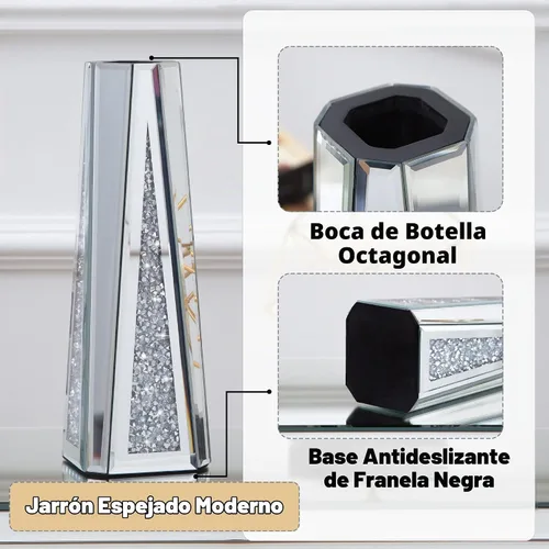 Vista 5 de SHYFOY Jarrón de cristal con espejo de diamante triturado, 13 pulgadas