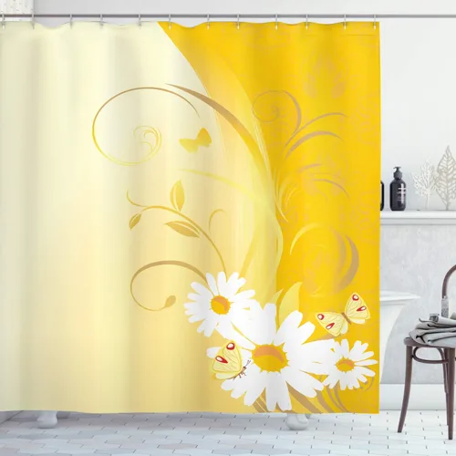 Vista 90 de Ambesonne Decor Collection, juego de cortina con ganchos para regadera Amarillo y marrón