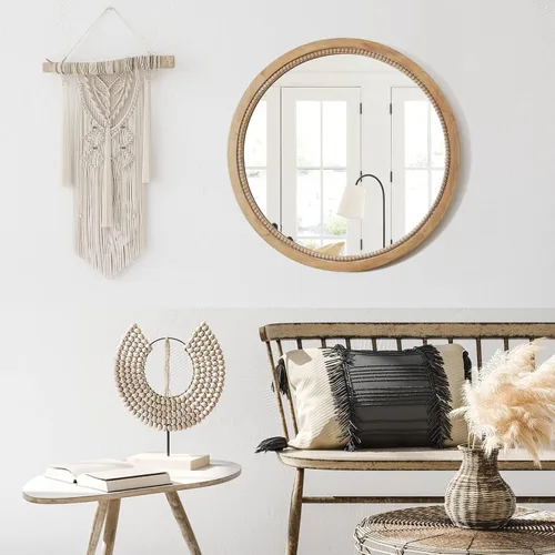 Vista 6 de Sawsile - Espejo redondo de madera, 45 cm, espejo circular rústico de granja con marco natural de madera con cuentas boho, espejo de pared