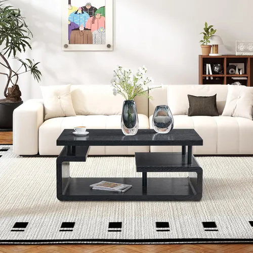 Vista 2 de Mesa auxiliar de 43.3 pulgadas, mesa central moderna de 3 niveles con almacenamiento, mesa de centro grande de madera para sala de estar, oficina