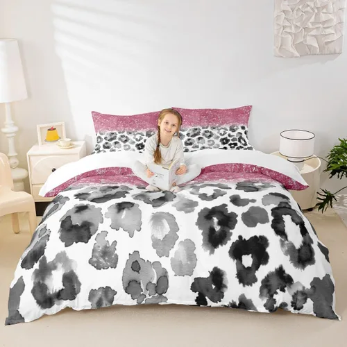 Vista 38 de Juego de funda de edredón para niños, tamaño individual, diseño de cebra y leopardo con purpurina, decoración de habitación para niñas y mujeres