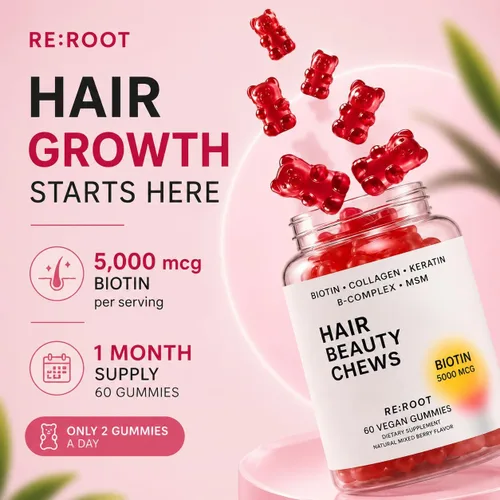 Vista 4 de RE:ROOT Gomitas para el crecimiento del cabello, 5,000 mcg de biotina con colágeno, queratina y MSM, soporte para cabello, piel y uñas, 60 gomitas