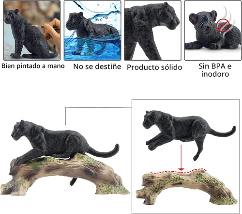 Vista 5 de Toymany 7 Piezas Figuras de Panteras Negras con Cachorro de Pantera y Tronco de Árbol, Figuras Realistas de Animales de la Selva Juego Familiar
