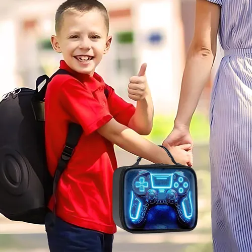 Vista 7 de Lonchera de cuero para niños, lonchera de cuero para niños, regalos para jugadores, lonchera aislada para videojuegos, lonchera portátil