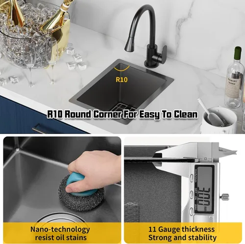 Vista 5 de Fregadero de cocina y bar negro de 12 x 16 pulgadas, pequeño tazón de acero inoxidable para montaje inferior, fregadero de cocina y bar, elección