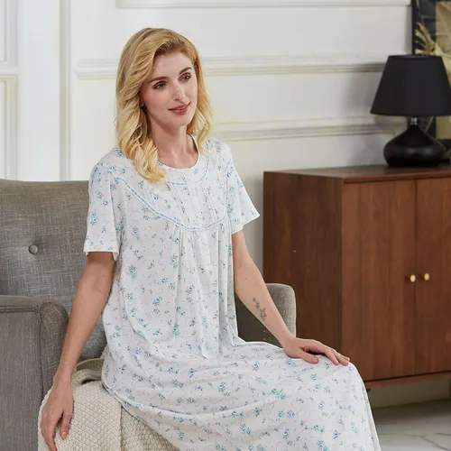 Vista 4 de Keyocean - Camisón de manga corta para mujer, 100 % algodón, suave, cómodo, ligero, con encaje, para verano, ropa de dormir Floral azul