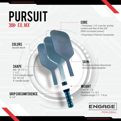 Vista 3 de Engage Pursuit EX - Paleta de pickleball de grafito - Textura rugosa para un giro duradero - Núcleo sensible para control y tacto - Agarre estándar