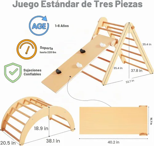 Vista 5 de Beright Gimnasio triangular Pikler 4 en 1, escalador plegable Montessori con rampa, juguetes de escalada de interior para niños, triángulo