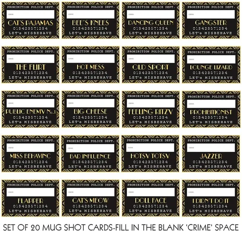 Vista 2 de Roaring 20s Mug Shot Photo Booth - Accesorios para cabina de fotos, fondo de tabla de altura, carteles de cartel de deseo, paquete de 26