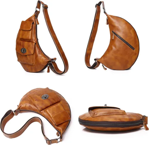 Vista 2 de Bolso bandolera de cuero genuino para hombres y mujeres, mochila en el pecho, bandolera, casual, al aire libre