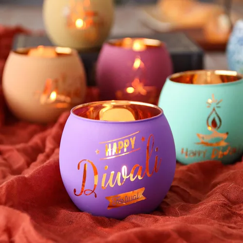 Vista 4 de SHMILMH Diwali Gifts - 6 piezas de decoraciones Happy Diwali para el hogar, candelita de cristal colorido para fiestas, centro de mesa Deco