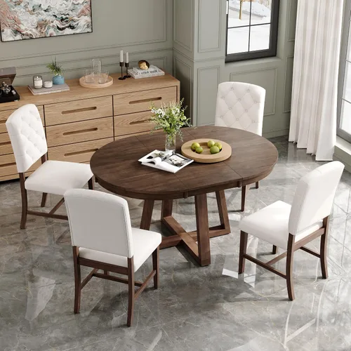 Vista 23 de Farmhouse - Juego de mesa de comedor de 5 piezas, mesa de comedor redonda extensible con 4 cómodas sillas tapizadas, juego de muebles funcionales