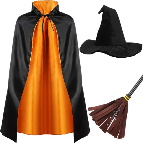 Vista 9 de Boyiee 3 piezas de disfraz de bruja para niños, capa reversible, sombrero de mago, escoba de mago, capa de vampiro para carnaval, Mardi Gras, Día