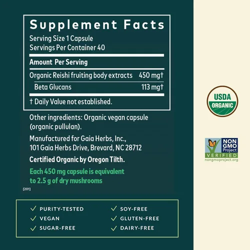 Vista 3 de Gaia Herbs Hongo Reishi: se utiliza tradicionalmente para apoyar un sistema inmunológico saludable y la salud cardíaca, suplemento herbario