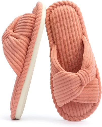 Vista 14 de Chantomoo Pantuflas para mujer, de espuma viscoelástica, para el hogar, dormitorio, baño, spa, puntera abierta, con lazo de pana, acogedoras