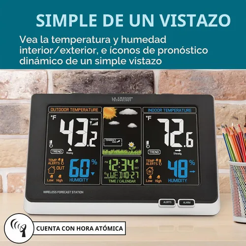 Vista 4 de Estación de pronóstico digital atómica inalámbrica de colores La Crosse Technology con alertas