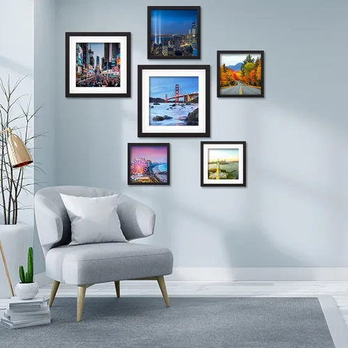 Vista 8 de Marco de fotos de madera de 9 x 9 pulgadas para colgar en la pared o sobre mesa, marcos cuadrados de fotos con 1 estera de exhibición de 17,78 x