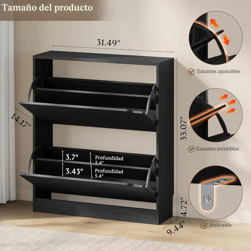 Vista 2 de BORNOON Armario de zapatos con 2 cajones abatibles, gabinete de almacenamiento delgado y estrecho para zapatos, organizador de zapatos independiente