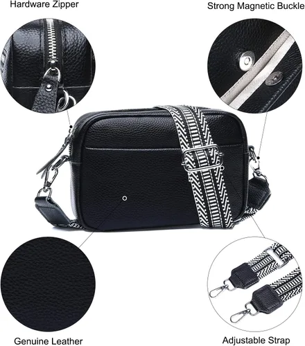 Vista 4 de Utenwat Bolsos cruzados pequeños para mujer, de piel auténtica, correa de guitarra, bolso de hombro, bolso para cámara con ranuras para tarjetas RFID