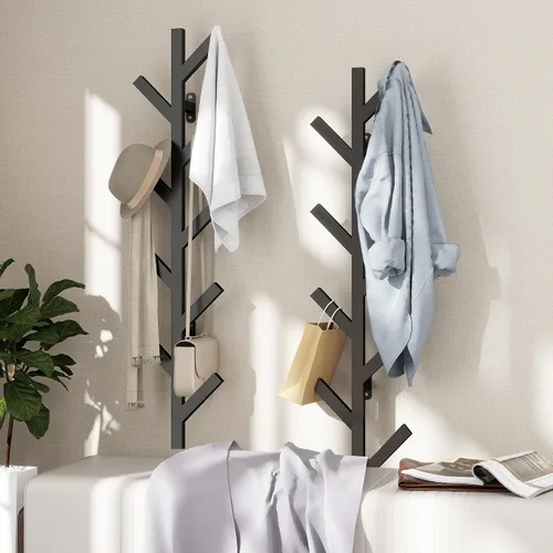 Vista 5 de Vlush Perchero de metal montado en la pared con 9 ganchos, moderno minimalista y vertical para colgar ropa, sombreros, bolsas colgantes y bufandas