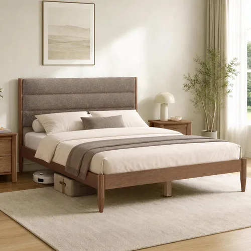 Vista 3 de KISLOT Marco de cama de madera con cabecera tapizada, marrón, tamaño Queen