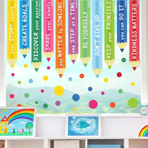 Vista 9 de Colorida calcomanía de pared inspiradora, citas motivacionales, calcomanías de pared con texto positivo para aula, diseño de lunares extraíbles