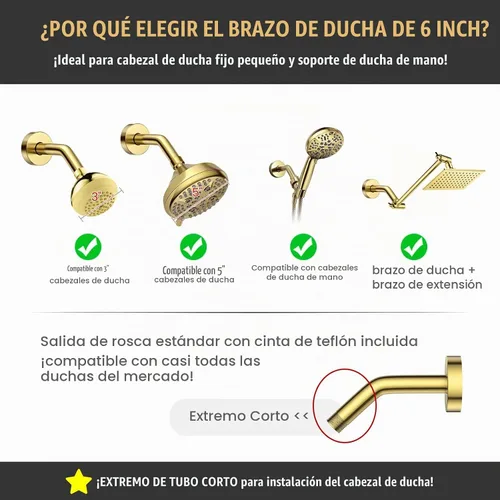 Vista 5 de YASFEL Brazo de Ducha de Oro Cepillado de 6 pulgadas Brazo de Extensión de Ducha Tubo con Brida y Cinta de Teflón para Cabezal de Ducha y Cabezal