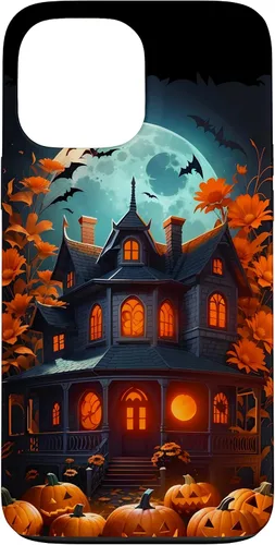 Vista 23 de iPhone 16 Halloween Spooky Haunted House Bats & Carved Pumpkins Case