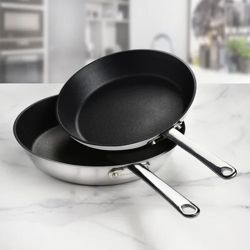 Vista 4 de Scanpan Stratanium+ - Juego de sartenes antiadherentes de acero inoxidable de 9.5 y 11 pulgadas con tapas, Maitre D', fabricado en Dinamarca