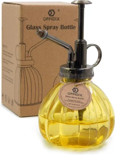 Vista 12 de OFFIDIX Botella rociadora de vidrio transparente, 6.3 pulgadas de alto, estilo vintage con bomba superior de plástico de bronce, regadera de vidrio