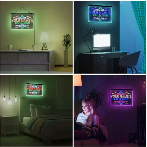 Vista 4 de Letrero de luz de neón LED tricolor personalizado para bar y parrilla, nombre personalizado, fecha, texto, cita, fuente blanco, azul y rojo, 17.7 x