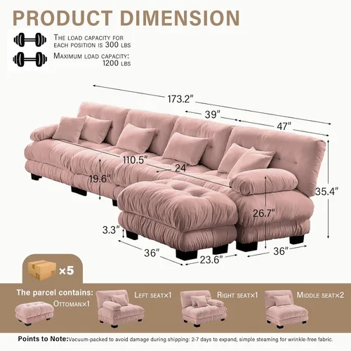 Vista 18 de Sofá Seccional Modular Extragrande de 93.7 pulgadas, Sofá de Dos Plazas Cloud Couch con Almohadas y Cojín Extra Grueso para Sala de Estar, Cine